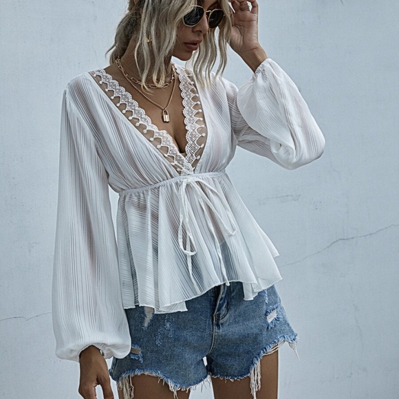 boho gypsy long sleeve babydoll vneck blouse - Picture 6 of 8